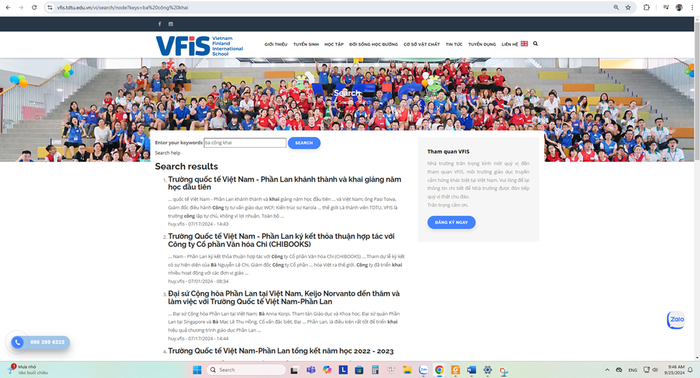 Ngày 25/9/2024, phóng viên tìm kiếm theo từ khóa “ba công khai” trên website của nhà trường nhưng không cho ra kết quả. (Ảnh chụp màn hình ngày 25/9/2024).