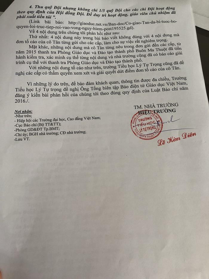 Nội dung đơn đề nghị Trường Tiểu học Lý Tự Trọng gửi đến Báo Điện tử Giáo dục Việt Nam.