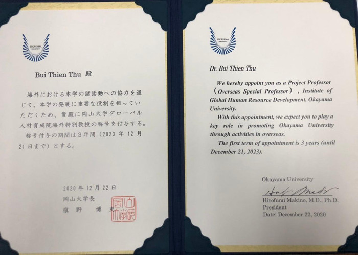 Chứng nhận Tiến sĩ Bùi Thiên Thu là "Giáo sư đặc biệt" của Đại học Okayama. Chứng nhận Tiến sĩ Bùi Thiên Thu là "Giáo sư đặc biệt" của Đại học Okayama.
