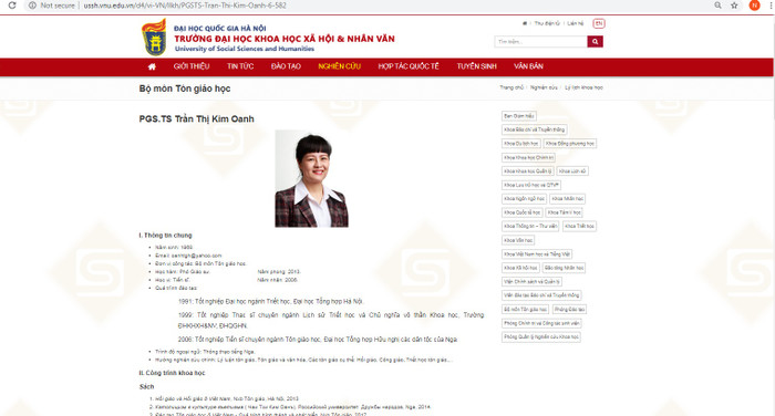 Sách "Hồi giáo và Hồi giáo ở Việt Nam" được ghi là công trình khoa học của bà Trần Thị Kim Oanh. ảnh chụp từ website ussh.vnu.edu.vn