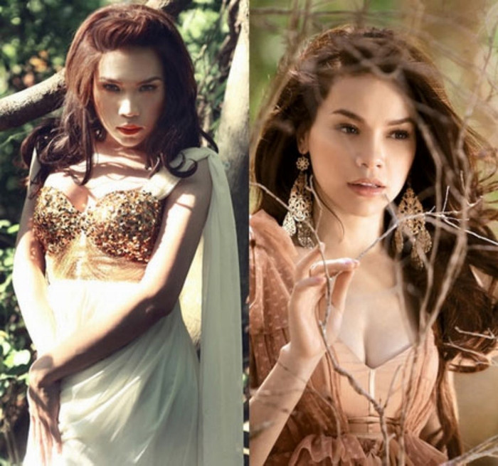 Với vầng trán rộng, chiếc mũi hếch bướng bỉnh và đôi môi cong hờn dỗi, Franky Nguyễn (trái) khiến nhiều người liên tưởng tới Hồ Ngọc Hà (phải). Với vầng trán rộng, chiếc mũi hếch bướng bỉnh và đôi môi cong hờn dỗi, Franky Nguyễn (trái) khiến nhiều người liên tưởng tới Hồ Ngọc Hà (phải).