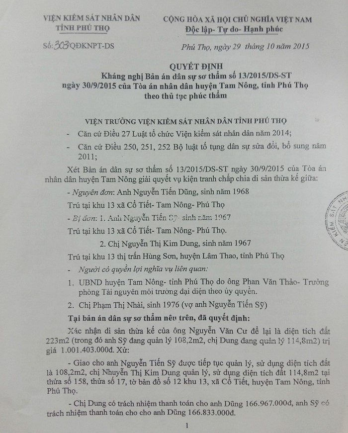 Quyết định kháng nghị của Viện Kiểm sát Nhân dân tỉnh Phú Thọ có nhiều chi tiết lập luận xác đáng, rất cần được Viện Kiểm sát nhân dân Cấp cao, Tòa án Nhân dân Cấp cao xem xét. ảnh: NQ. Quyết định kháng nghị của Viện Kiểm sát Nhân dân tỉnh Phú Thọ có nhiều chi tiết lập luận xác đáng, rất cần được Viện Kiểm sát nhân dân Cấp cao, Tòa án Nhân dân Cấp cao xem xét. ảnh: NQ.