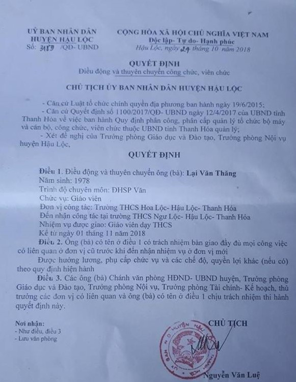 Quyết định điều động, thuyên chuyển thầy Lại Văn Thăng về trường trung học cơ sở Ngư Lộc. Ảnh của THANH MINH. Quyết định điều động, thuyên chuyển thầy Lại Văn Thăng về trường trung học cơ sở Ngư Lộc. Ảnh của THANH MINH.