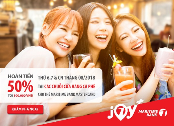 Thưởng thức café, bánh ngọt mừng sinh nhật Maritime Bank và nhận hoàn tiền 50% tại 5 chuỗi cửa hàng lớn. Thưởng thức café, bánh ngọt mừng sinh nhật Maritime Bank và nhận hoàn tiền 50% tại 5 chuỗi cửa hàng lớn.