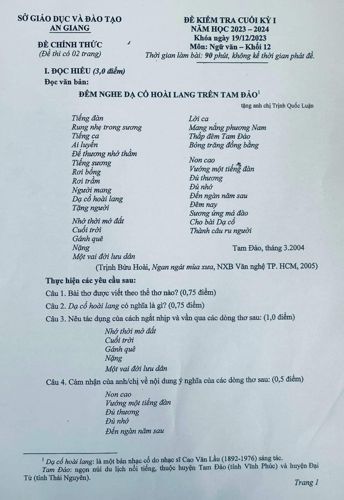 Đề kiểm tra Ngữ văn lớp 12 ở An Giang.