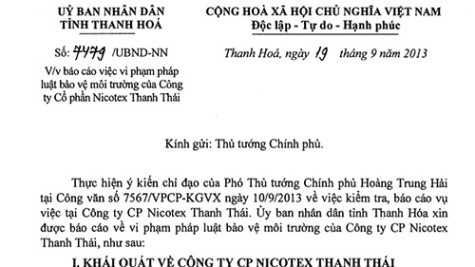 UBND tỉnh Thanh Hóa đã có công văn báo cáo vụ việc với Thủ tướng Chính Phủ UBND tỉnh Thanh Hóa đã có công văn báo cáo vụ việc với Thủ tướng Chính Phủ