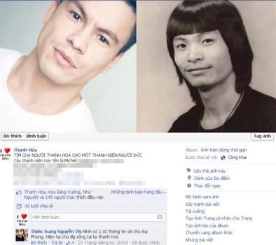 Thông tin tìm kiếm cha của Michel được đăng tải trên Facebook Thông tin tìm kiếm cha của Michel được đăng tải trên Facebook