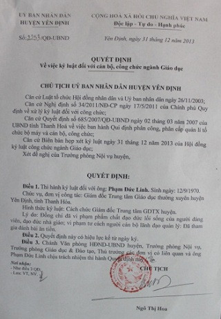 Quyết định cách chức GĐ TTGDTX huyện Yên Định