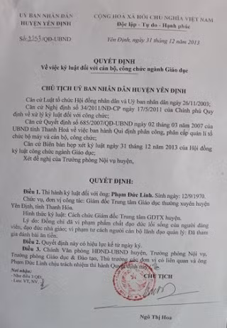 Quyết định cách chức GĐ TTGDTX huyện Yên Định