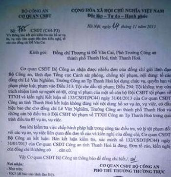 Kết luận của cơ quan CSĐT, Bộ công an cho rằng, tố cáo của ông Cai là không có căn cứ