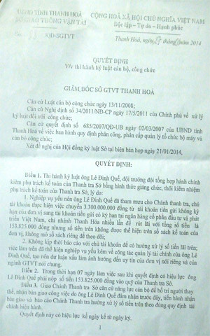 Quyết định kỷ luật cán bộ vi phạm của Sở Giao thông vận tải Thanh Hóa Quyết định kỷ luật cán bộ vi phạm của Sở Giao thông vận tải Thanh Hóa