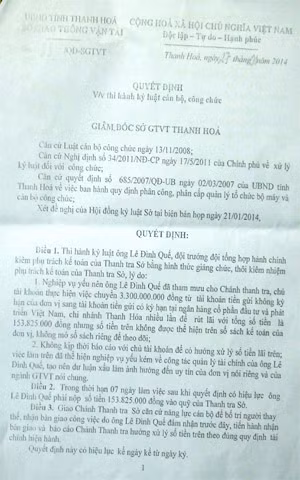 Quyết định kỷ luật cán bộ vi phạm của Sở Giao thông vận tải Thanh Hóa