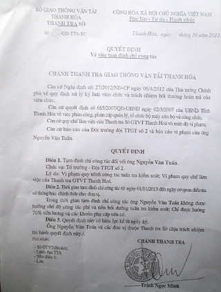 Quyết định đình chỉ công tác cán bộ của Thanh tra giao thông Thanh Hóa Quyết định đình chỉ công tác cán bộ của Thanh tra giao thông Thanh Hóa
