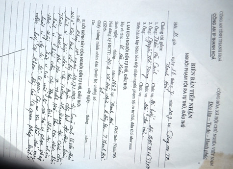 Biên bản tiếp nhận người phạm tội ra tự thú, đầu thú Biên bản tiếp nhận người phạm tội ra tự thú, đầu thú