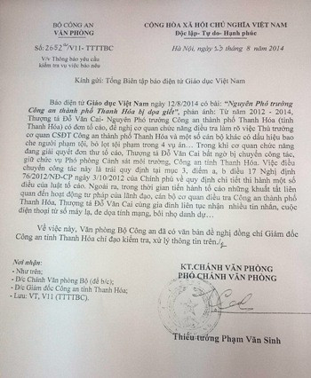 Công văn của Bộ Công an gửi Tổng Biên tập báo điện tử Giáo dục Việt Nam