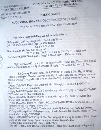 Trước khi phạm tội, Lê Quang Cường đã từng dính 5 tiền án