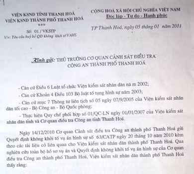 VKSND Thành phố Thanh Hóa yêu cầu Công an TP Thanh Hóa khởi tố vụ án theo đúng quy định