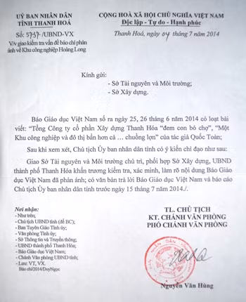 Công văn UBND tỉnh Thanh Hóa gửi báo Giáo dục Việt Nam