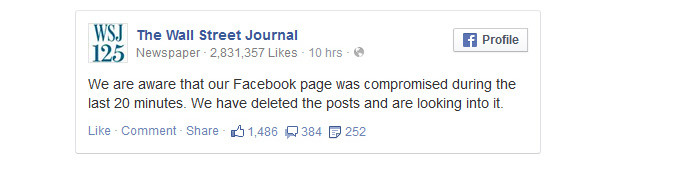 Thông báo đính chính của The Wall Street Journal nói rằng tài khoản Facebook của họ bị tấn công 20 phút trước. Thông báo đính chính của The Wall Street Journal nói rằng tài khoản Facebook của họ bị tấn công 20 phút trước.