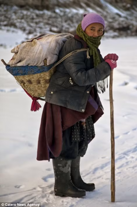 Phụ nữ Ladakh đeo gùi hành lí đi sinh con.
