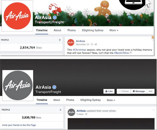 AirAsia thay đổi màu sắc logo và ảnh nền Facebook sau sự cố máy bay mất tích. AirAsia thay đổi màu sắc logo và ảnh nền Facebook sau sự cố máy bay mất tích.