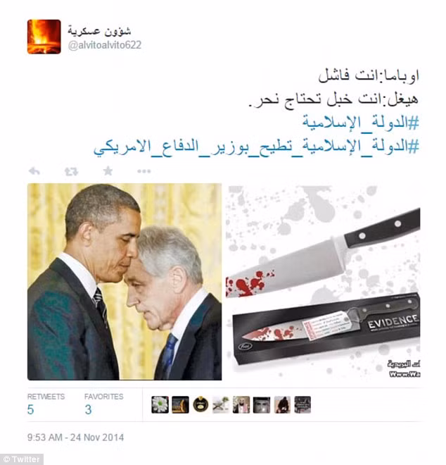 Những hình ảnh tuyên truyền được IS công bố trên Twitter liên quan tới sự ra đi của Bộ trưởng Hagel.