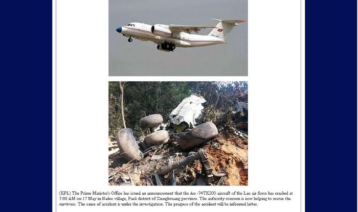 Ảnh hiện trường vụ tai nạn đăng trên TTX của Lào Ảnh hiện trường vụ tai nạn đăng trên TTX của Lào