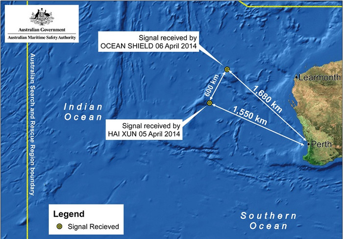 Vị trí tàu Hải quân Úc và Trung Quốc phát hiện thấy các tín hiệu giống với tín hiệu phát ra từ hộp đen máy bay. Vị trí tàu Hải quân Úc và Trung Quốc phát hiện thấy các tín hiệu giống với tín hiệu phát ra từ hộp đen máy bay.