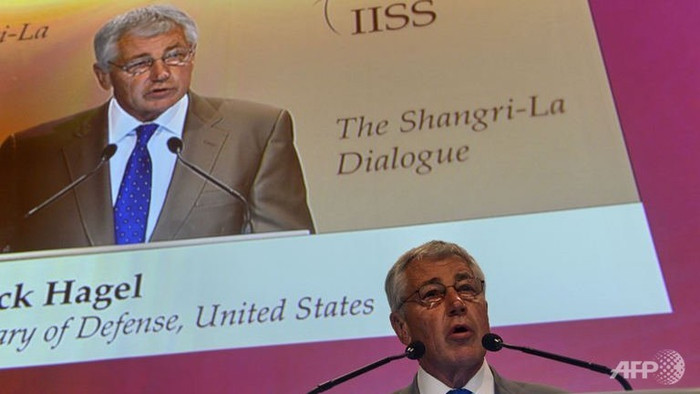 Bộ trưởng Quốc phòng Mỹ Chuck Hagel phát biểu tại phiên khai mạc Đối thoại Shangri-La hôm 31/5. Bộ trưởng Quốc phòng Mỹ Chuck Hagel phát biểu tại phiên khai mạc Đối thoại Shangri-La hôm 31/5.