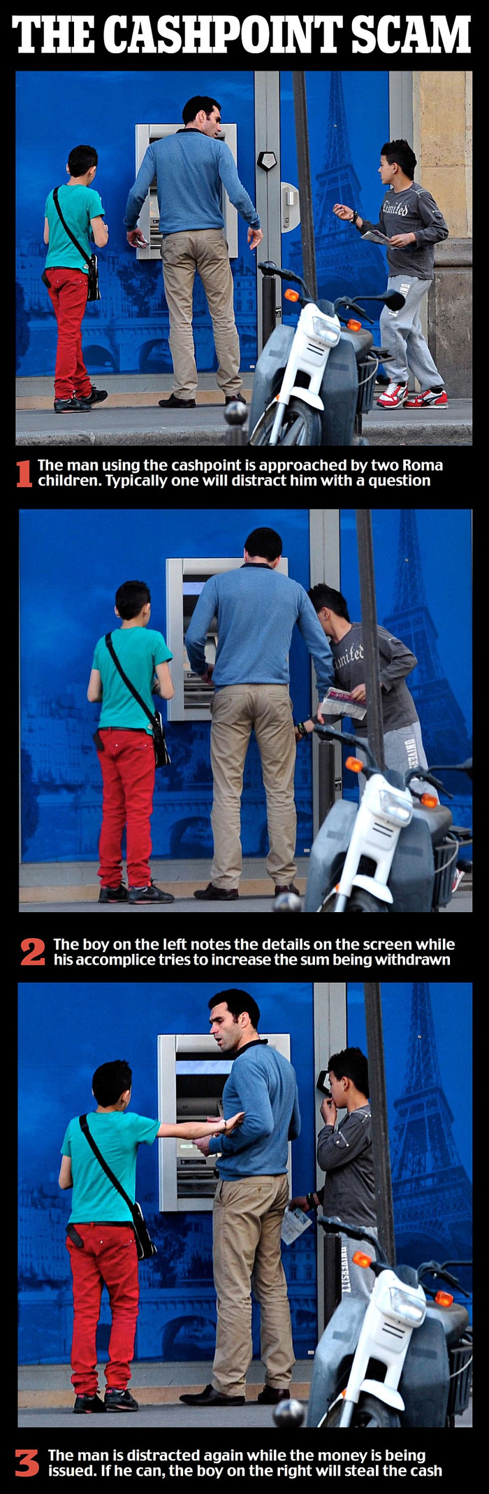 Hai đứa trẻ người Romania lừa đánh cắp tiền của một khách du lịch tại cây rút tiền. Hai đứa trẻ người Romania lừa đánh cắp tiền của một khách du lịch tại cây rút tiền.