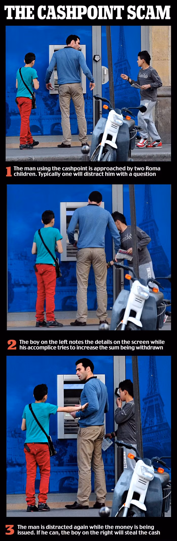 Hai đứa trẻ người Romania lừa đánh cắp tiền của một khách du lịch tại cây rút tiền.