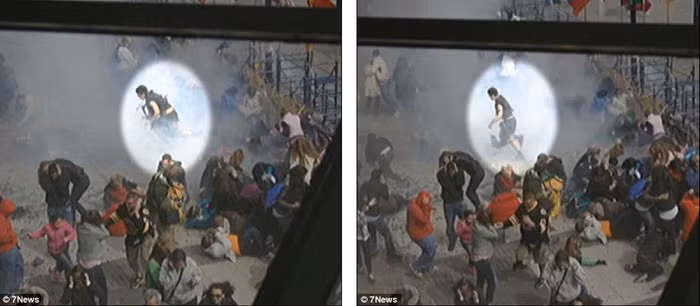 Nghi phạm áo đen đang cố gắng bỏ chạy khỏi hiện trường sau vụ nổ bằng cách đi ngược hướng với dòng người đang hoảng loạn và tìm cách giúp đỡ các nạn nhân. Nghi phạm áo đen đang cố gắng bỏ chạy khỏi hiện trường sau vụ nổ bằng cách đi ngược hướng với dòng người đang hoảng loạn và tìm cách giúp đỡ các nạn nhân.