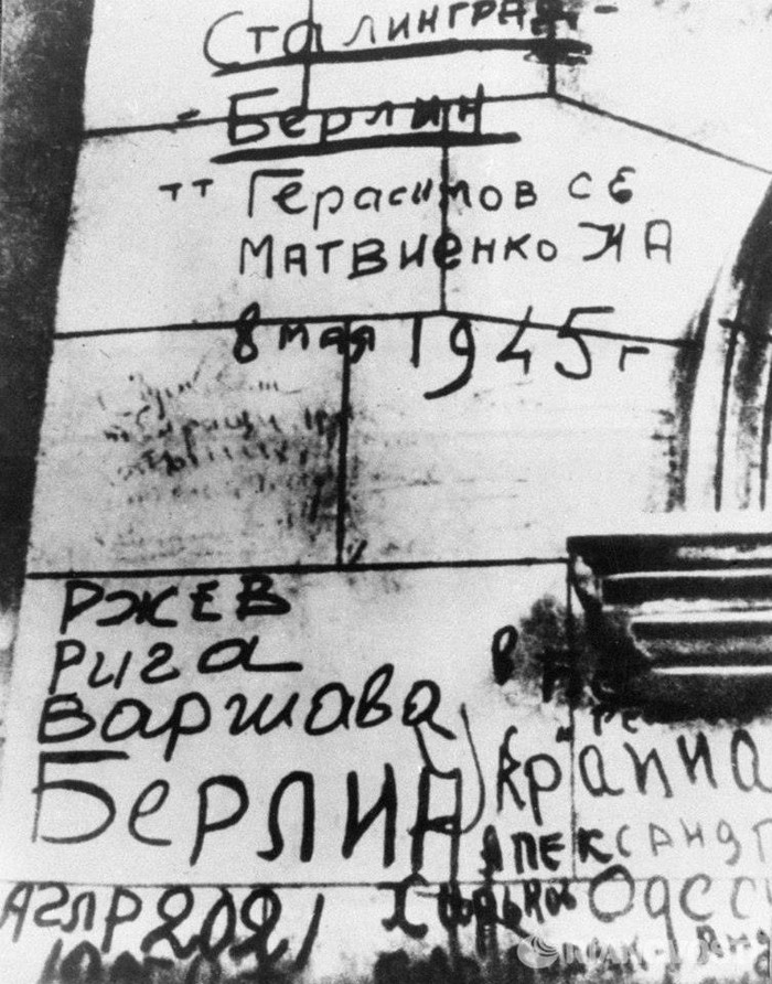 Một bức tường ở Berlin đầy dòng chữ của các chiến sĩ Hồng quân sau khi giải phóng thành phố này từ tay Hitler.