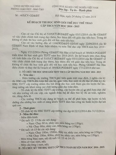 Kế hoạch thi học sinh giỏi Thể dục thể thao cấp THCS ngày 24/12/2014 của Phòng Giáo dục và Đào tạo Hải Hậu Kế hoạch thi học sinh giỏi Thể dục thể thao cấp THCS ngày 24/12/2014 của Phòng Giáo dục và Đào tạo Hải Hậu