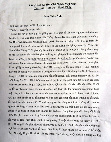 Rất nhiều sinh viên học khóa liên thông trường HVBCVT gửi đơn phản ánh đến báo GDVN Rất nhiều sinh viên học khóa liên thông trường HVBCVT gửi đơn phản ánh đến báo GDVN