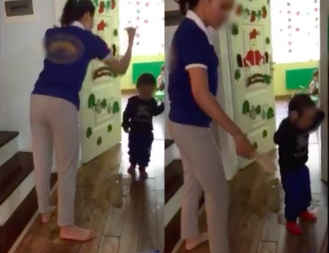 Đặng Thị Bình cầm chiếc dép chờ bé trai đi ra rồi vụt vào đầu 2 lần liên tiếp khiến cháu bé hoảng sợ, ôm đầu khóc lặng. Đặng Thị Bình cầm chiếc dép chờ bé trai đi ra rồi vụt vào đầu 2 lần liên tiếp khiến cháu bé hoảng sợ, ôm đầu khóc lặng.