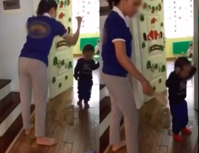 Đặng Thị Bình cầm chiếc dép chờ bé trai đi ra rồi vụt vào đầu 2 lần liên tiếp khiến cháu bé hoảng sợ, ôm đầu khóc lặng. Đặng Thị Bình cầm chiếc dép chờ bé trai đi ra rồi vụt vào đầu 2 lần liên tiếp khiến cháu bé hoảng sợ, ôm đầu khóc lặng.