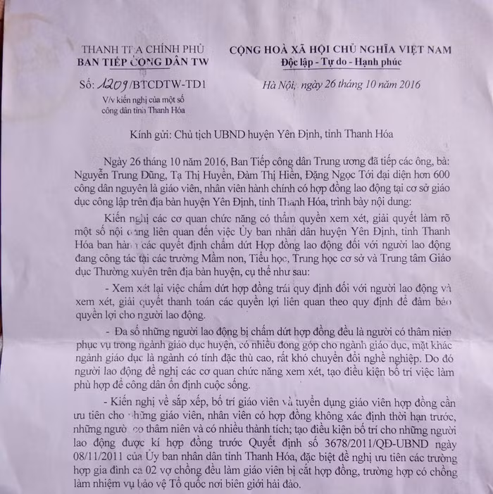 Ban tiếp công dân Trung ương(Thanh tra Chính phủ) vừa có công văn gửi Chủ tịch UBND huyện Yên Định, kiểm tra, giải quyết vụ hơn 600 giáo viên mất việc. Ảnh: Xuân Quang.
