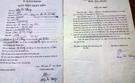 Trong các cam kết trước đó (giấy nhận tiền ngày 18/8/2014, giấy xác nhận ngày 20/1/2015) đều thể hiện rõ, bà Đặng Thị Nhung nhận 300 triệu đồng để chạy việc cho cô Tuyết. Ảnh QUỐC TOẢN.