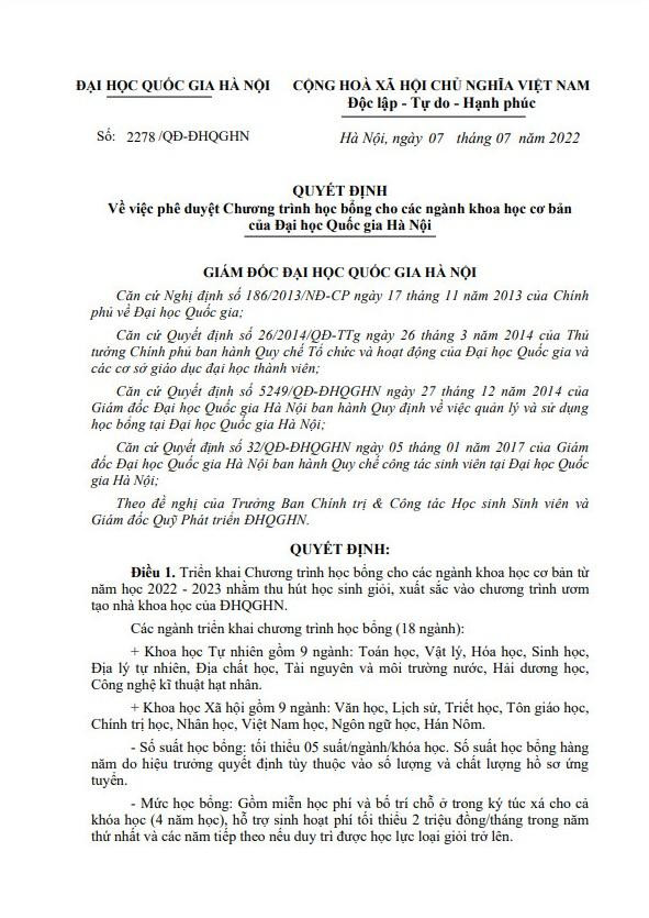 Quyết định số 2278/QĐ-ĐHQGHN ngày 7/7/2022 của Đại học Quốc gia Hà Nội (ảnh: NVCC) Quyết định số 2278/QĐ-ĐHQGHN ngày 7/7/2022 của Đại học Quốc gia Hà Nội (ảnh: NVCC)