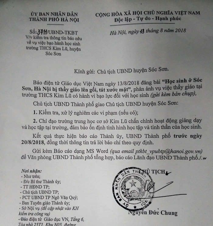 Chủ tịch Ủy ban nhân dân Thành phố Hà Nội chỉ đạo làm rõ sự việc theo thông tin phản ánh của Báo Điện tử Giáo dục Việt Nam. Ảnh của Thanh Minh.