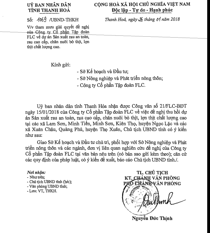Công văn Ủy ban nhân dân tỉnh Thanh Hóa giao Sở Kế hoạch và Đầu tư chủ trì phối hợp với Sở Nông nghiệp và Phát triển nông thôn, các đơn vị có liên quan nghiên cứu đề nghị của Công ty cổ phần tập đoàn FLC về đề nghị thu hồi dự án. Ảnh của XUÂN DU. Công văn Ủy ban nhân dân tỉnh Thanh Hóa giao Sở Kế hoạch và Đầu tư chủ trì phối hợp với Sở Nông nghiệp và Phát triển nông thôn, các đơn vị có liên quan nghiên cứu đề nghị của Công ty cổ phần tập đoàn FLC về đề nghị thu hồi dự án. Ảnh của XUÂN DU.