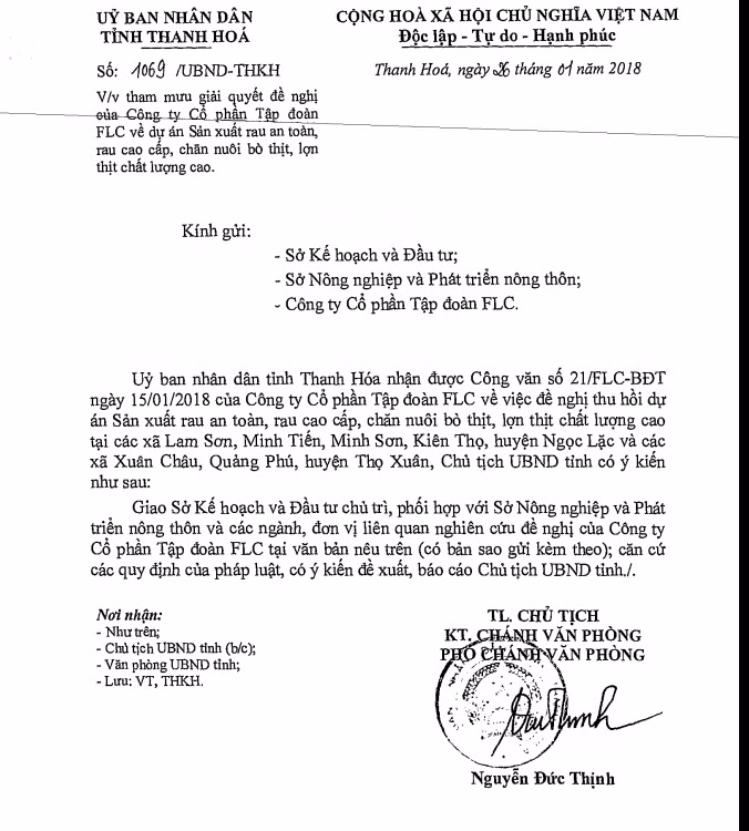 Công văn Ủy ban nhân dân tỉnh Thanh Hóa giao Sở Kế hoạch và Đầu tư chủ trì phối hợp với Sở Nông nghiệp và Phát triển nông thôn, các đơn vị có liên quan nghiên cứu đề nghị của Công ty cổ phần tập đoàn FLC về đề nghị thu hồi dự án. Ảnh của XUÂN DU. Công văn Ủy ban nhân dân tỉnh Thanh Hóa giao Sở Kế hoạch và Đầu tư chủ trì phối hợp với Sở Nông nghiệp và Phát triển nông thôn, các đơn vị có liên quan nghiên cứu đề nghị của Công ty cổ phần tập đoàn FLC về đề nghị thu hồi dự án. Ảnh của XUÂN DU.