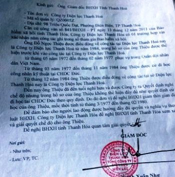 Văn bản Điện lực Thanh Hóa đề nghị cắt giảm số năm công tác của ông Đỗ Ngọc Thiệu. Văn bản Điện lực Thanh Hóa đề nghị cắt giảm số năm công tác của ông Đỗ Ngọc Thiệu.