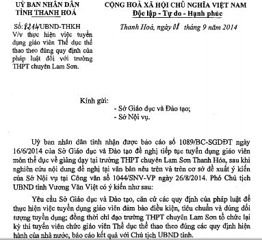 Nhà chức trách yêu cầu Sở GD&ĐT Thanh Hóa, chỉ đạo trường THPT chuyên Lam Sơn tổ chức lại kỳ thi tuyển viên chức giáo viên thể dục Nhà chức trách yêu cầu Sở GD&ĐT Thanh Hóa, chỉ đạo trường THPT chuyên Lam Sơn tổ chức lại kỳ thi tuyển viên chức giáo viên thể dục