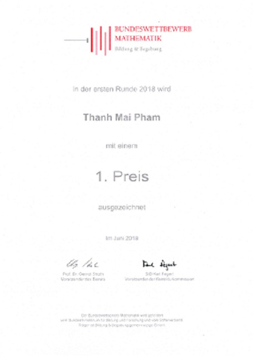 Bằng đạt vô địch kỳ thi toán Bang Beyern 2017 và giải nhất kỳ thi Toán toàn quốc vòng 1 năm 2018.