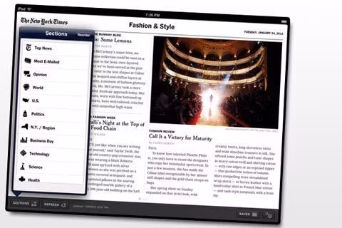 NYTimes for iPad (miễn phí): Hãy thưởng thức các tin tức nóng hổi cùng những bức hình độc của Thời Báo New York trên màn hình Retina. Người dùng có thể truy cập vào các hạng mục tin đông người quan tâm, nhưng cần đăng ký thuê bao trả phí nếu muốn xem được toàn bộ nội dung của ứng dụng. NYTimes for iPad (miễn phí): Hãy thưởng thức các tin tức nóng hổi cùng những bức hình độc của Thời Báo New York trên màn hình Retina. Người dùng có thể truy cập vào các hạng mục tin đông người quan tâm, nhưng cần đăng ký thuê bao trả phí nếu muốn xem được toàn bộ nội dung của ứng dụng.