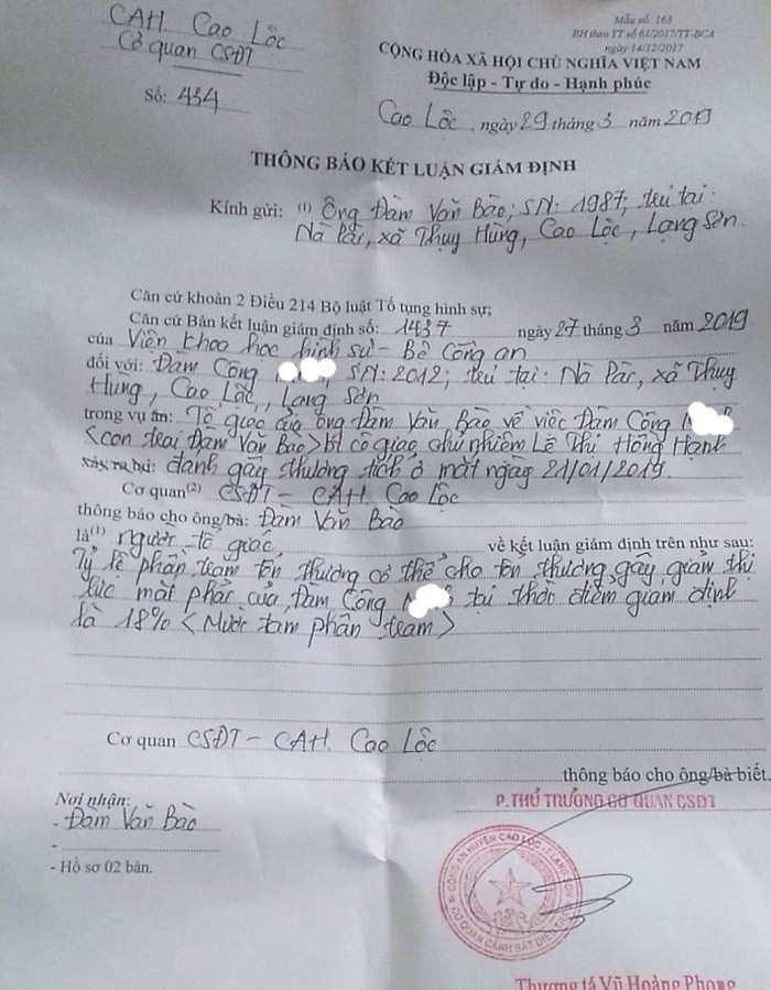 Kết luận mới về tỷ lệ phần trăm tổn thương cơ thể cho tổn thương gây giảm thị lực mắt phải của cháu Đàm Công M. tại thời điểm giám định là 18% (Ảnh: VB). Kết luận mới về tỷ lệ phần trăm tổn thương cơ thể cho tổn thương gây giảm thị lực mắt phải của cháu Đàm Công M. tại thời điểm giám định là 18% (Ảnh: VB).