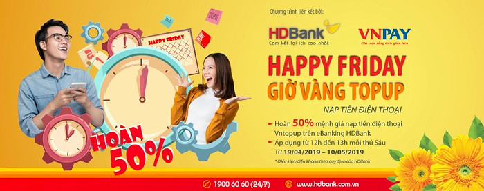 12h trưa thứ 6, nạp tiền điện thoại hoàn 50% giá trị tại HDBank. 12h trưa thứ 6, nạp tiền điện thoại hoàn 50% giá trị tại HDBank.