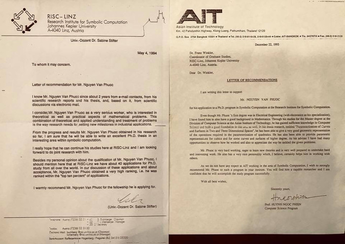 Thư xác nhận việc tuyển chọn và chấp thuận việc nghiên cứu và bảo vệ luận án Tiến sĩ, Ph.D của Viện RISC-Linz Áo đối với anh Nguyễn Văn Phước của GSTS, Dr.Sabine Stifler gửi ngày 4/5/1994 từ Viện Tính Toán Mã Số RISC-Linz, Đại học Johannes Kepler, Cộng Hoà Áo.